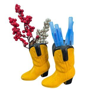 Ceramic Cowboy Boot Shaped Decorative Vase Or Pen Holder 4.5" Yellow & Black